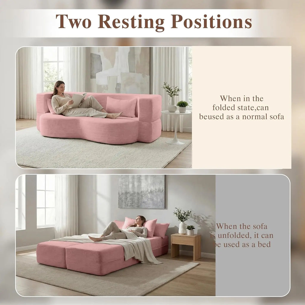 Convertible Sofa Bed, 78'' Queen Size Folding Sleeper Sofa with Pillow, 2-in-1 Teddy Fabric Boneless Loveseat Floor, Customized