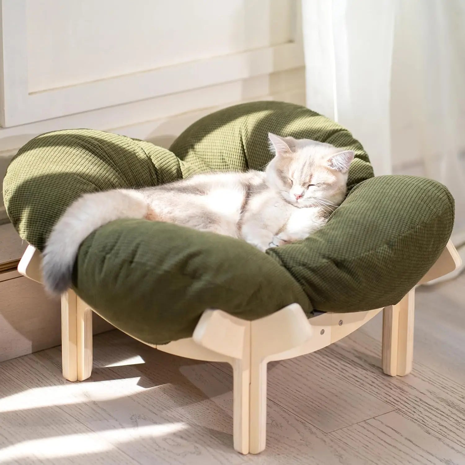 Elevated Cat Bed Wooden With Cushion Fluffy Pet Couch Sofa For Indoor Cats