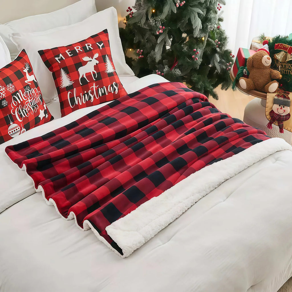 1pc Cozy Sherpa Fleece Buffalo Plaid Blanket -  Machine Washable,