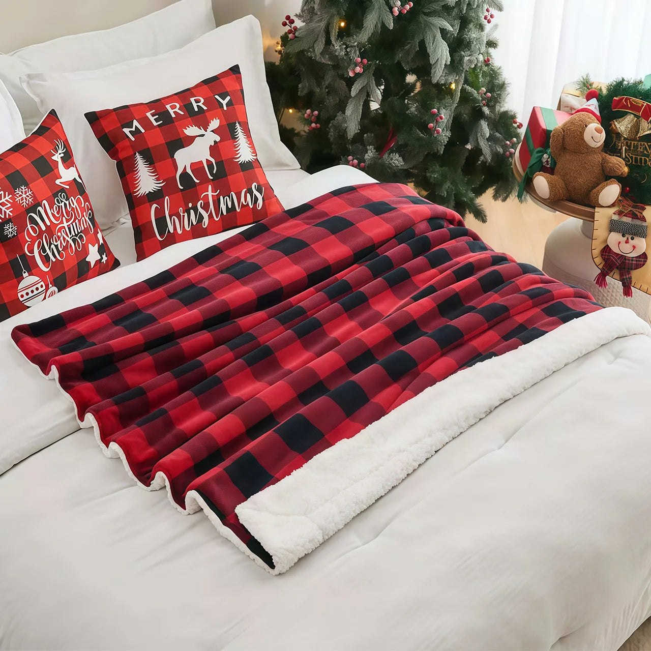 1pc Cozy Sherpa Fleece Buffalo Plaid Blanket -  Machine Washable,