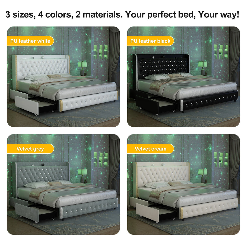 GEGOFORU LED Bed Frame with Galaxy Projector, Bluetooth Speaker, USB Ports, 4 Drawers, No Box Spring Needed, PU Black