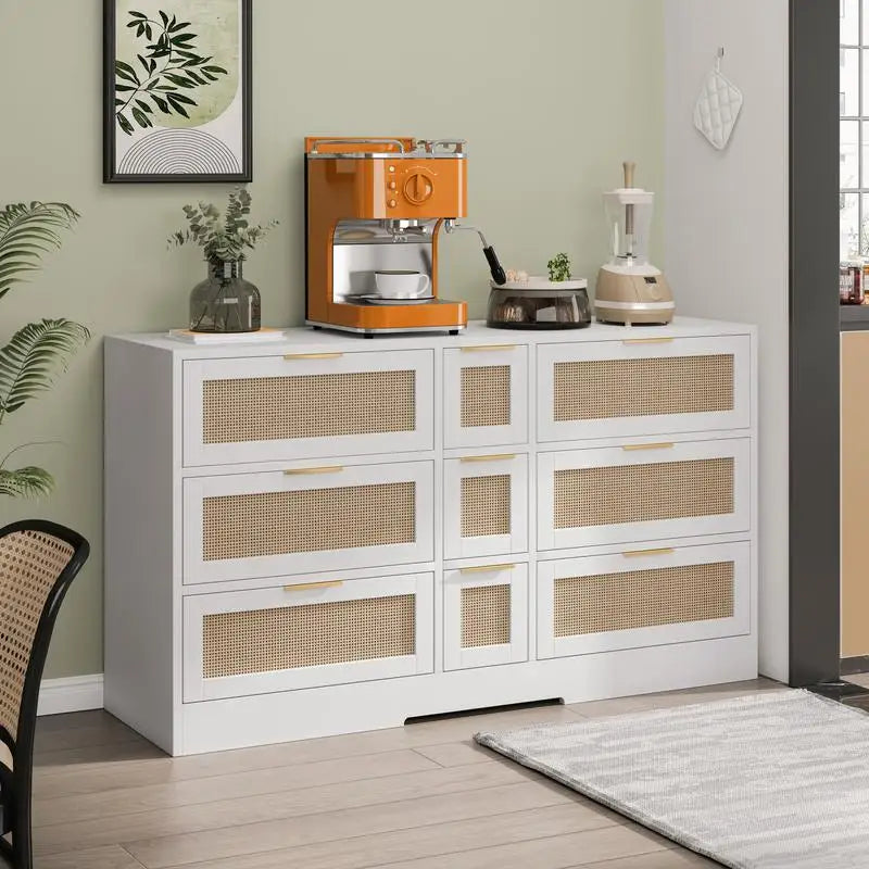 51.2” White Rattan Storage Locker with 9 Drawers and Metal Handles for Kitchen, Living Room, and Bedroom