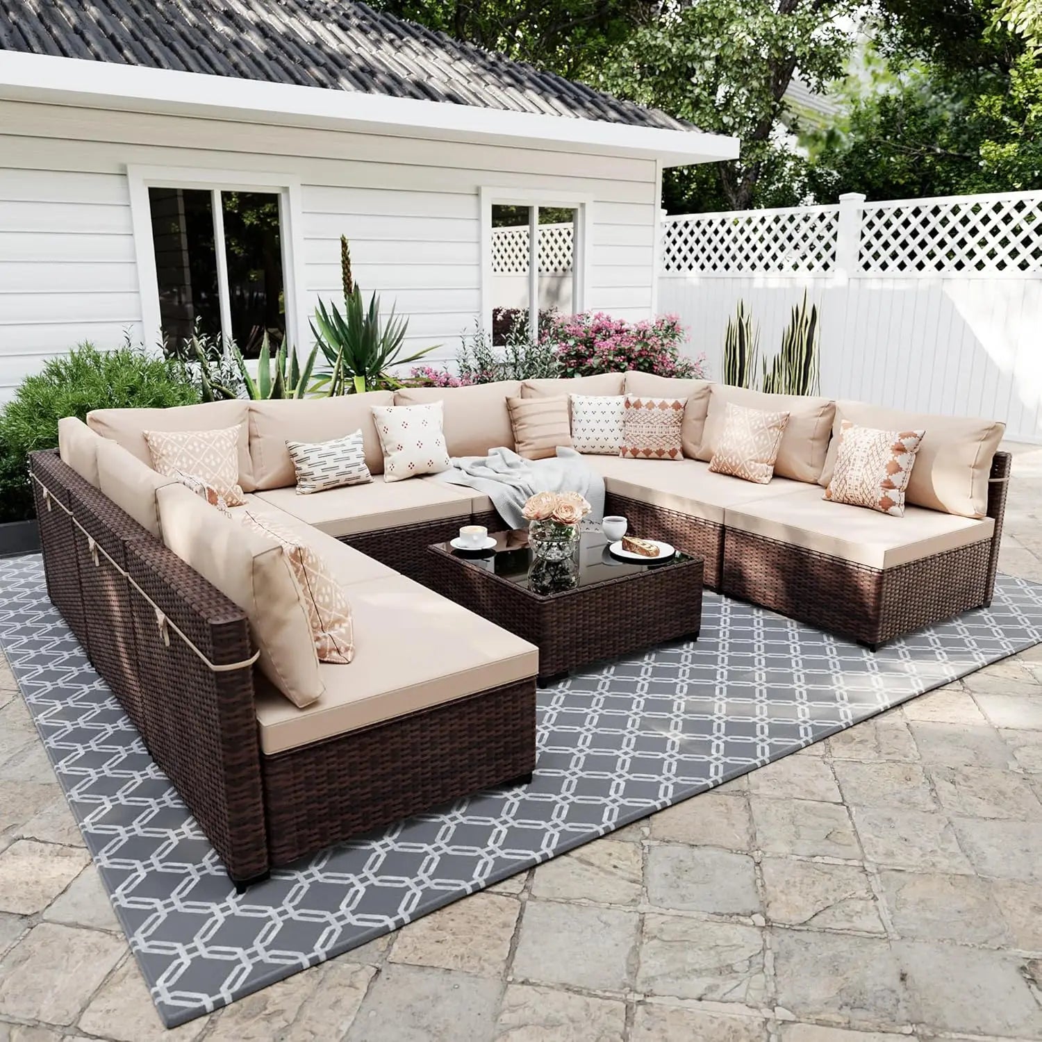 9 Pieces Patio Furniture Sets, Wicker Outdoor Sectional Sofa Couch with Coffee Table, Patio Conversation Set for, Customized