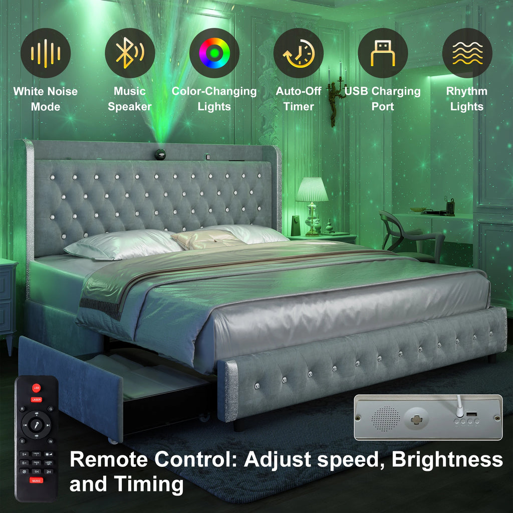 GEGOFORU LED Bed Frame with Galaxy Projector, Bluetooth Speaker, USB Ports, 4 Drawers, No Box Spring Needed, PU Black