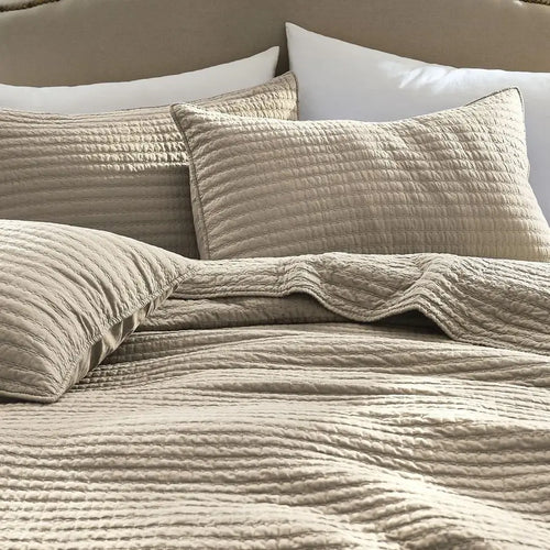 100 Cotton Queen Size Quilt Set Beige Neutral Striped Pick Stitch Soft Lightweight Bedspread, Textured Like Linen, Farmhouse Cou