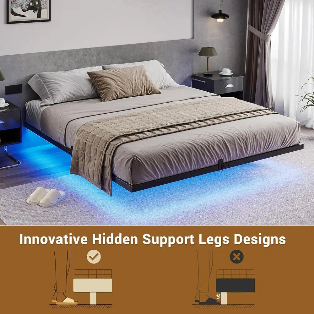 California King Size Metal Platform Bed with LED Lights, No Box Spring Needed, Easy Assembly