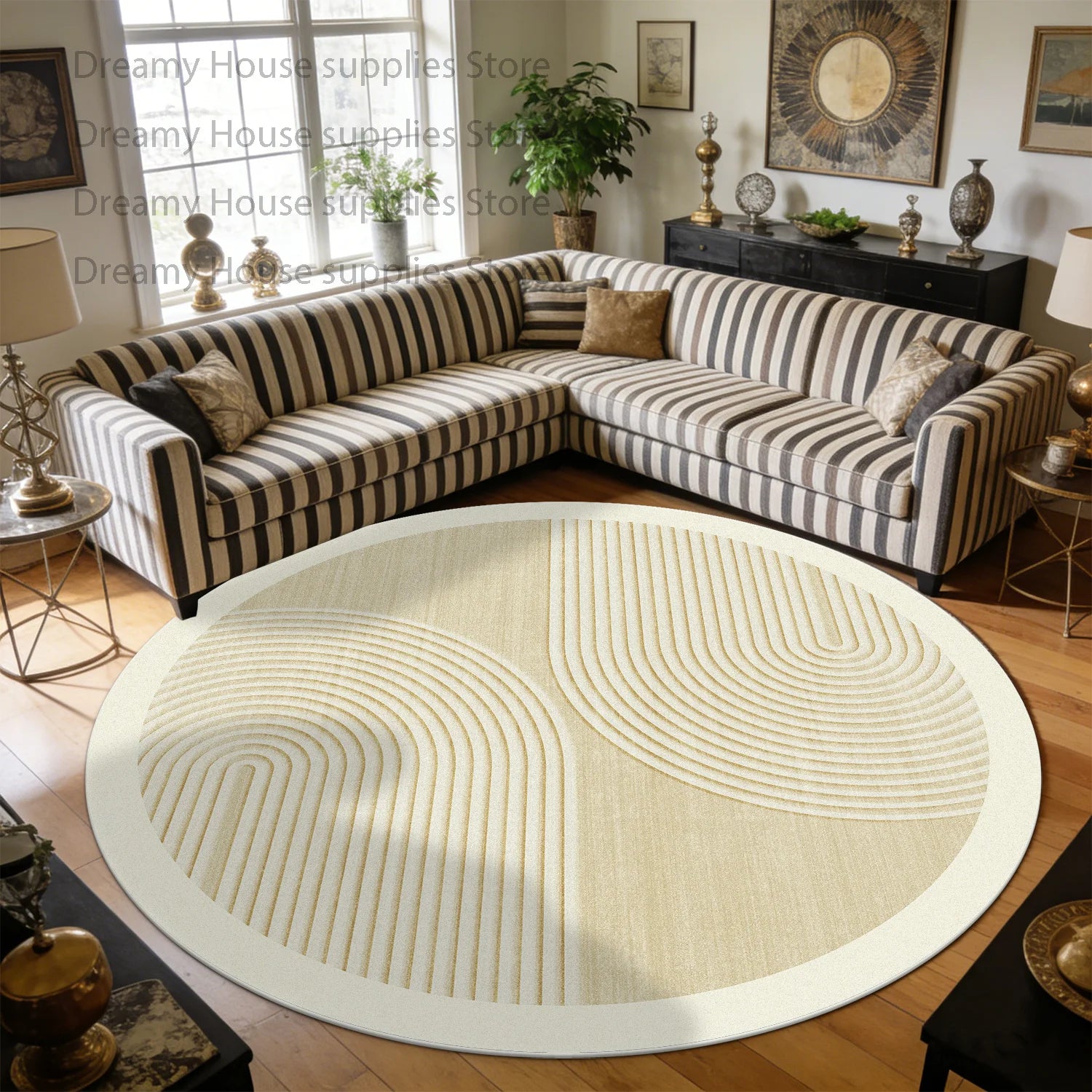 Simple Style Striped Cream Color Round Sofa Floor Mat Decoration Home Living Room Study Non-slip Carpet Bedroom Tables Chair Mat