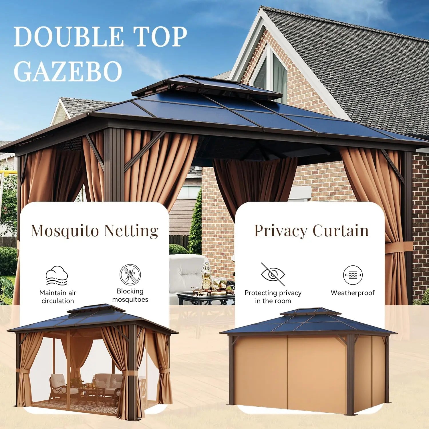 10x12ft Hardtop Gazebo, Double Roof Aluminum Pavilion with Netting Curtains for Outdoor Patio Garden
