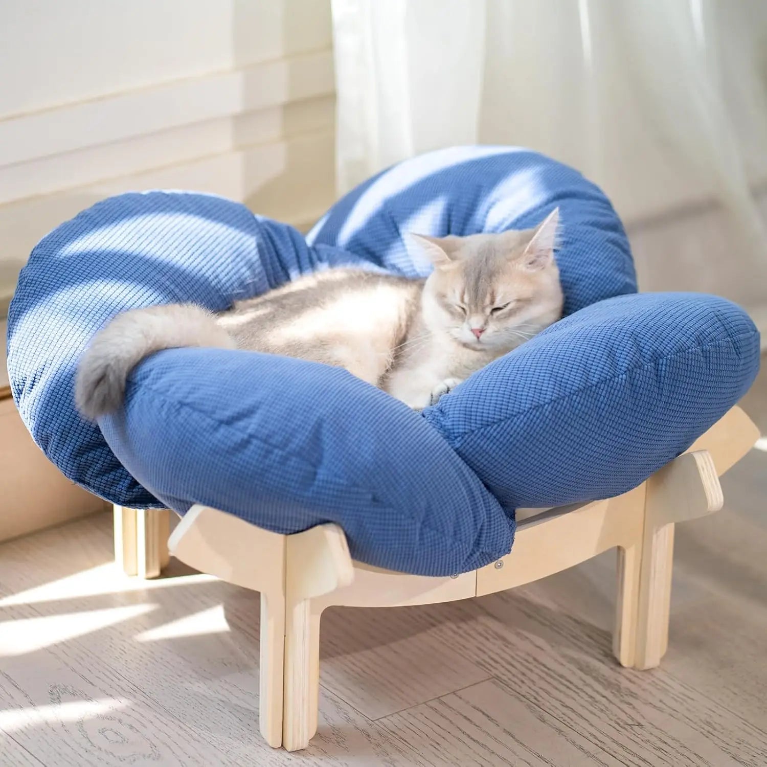 Elevated Cat Bed Wooden With Cushion Fluffy Pet Couch Sofa For Indoor Cats