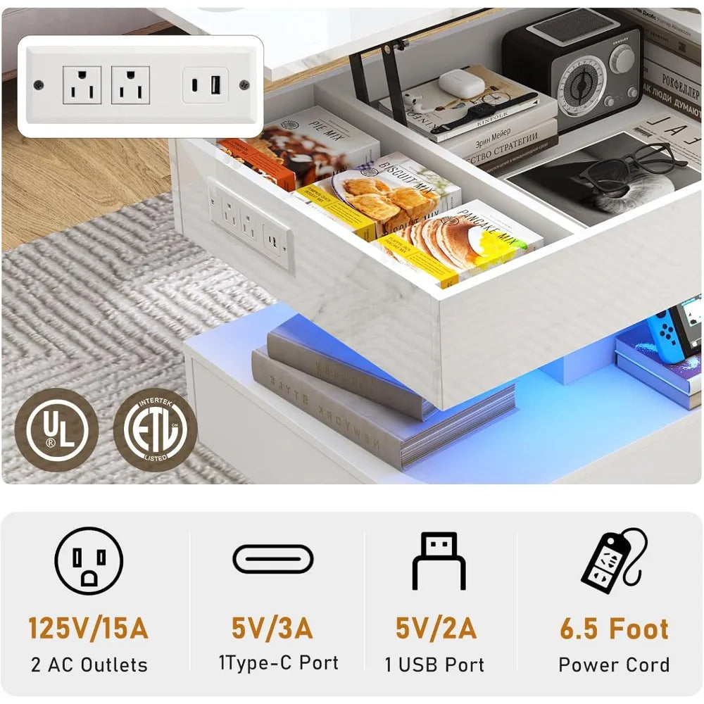 39.4" Lift Top LED Coffee Table with Charging, Lights, Storage - Modern White Living Room Center Table