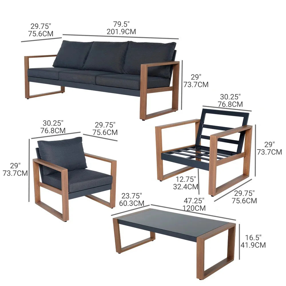 4-Piece Modern Furniture Sets, Faux Wood Grain Finish Frame Sofa