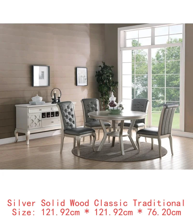 7pc Silver Hue Glass Dining Table Set with 6 Tufted Side Chairs