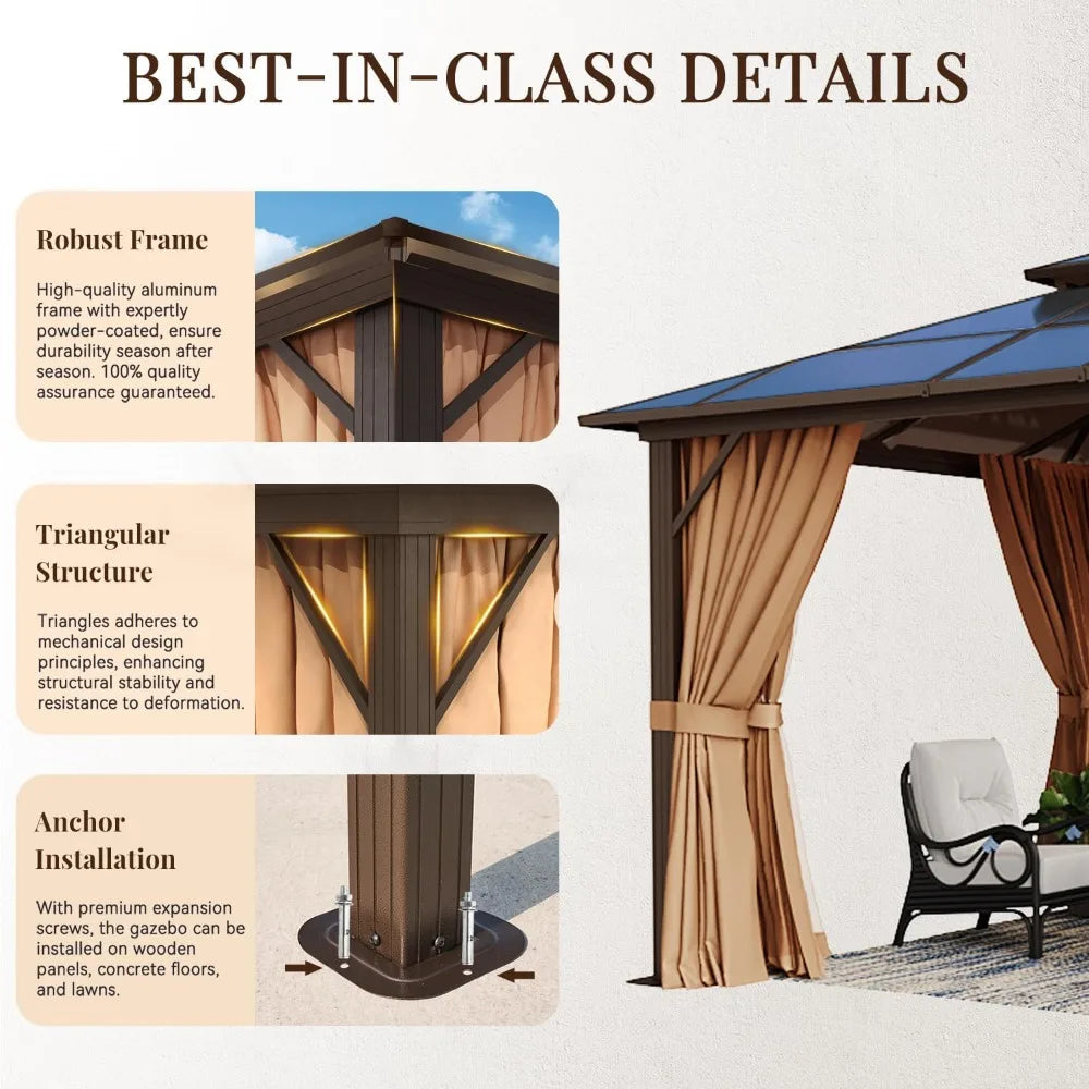 10x12ft Hardtop Gazebo, Double Roof Aluminum Pavilion with Netting Curtains for Outdoor Patio Garden