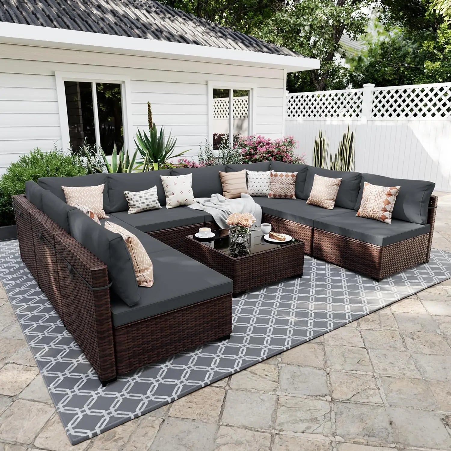 9 Pieces Patio Furniture Sets, Wicker Outdoor Sectional Sofa Couch with Coffee Table, Patio Conversation Set for, Customized