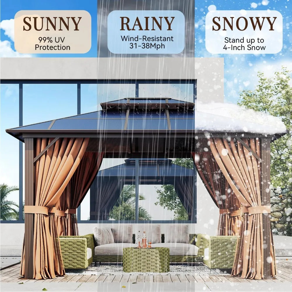 10x12ft Hardtop Gazebo, Double Roof Aluminum Pavilion with Netting Curtains for Outdoor Patio Garden