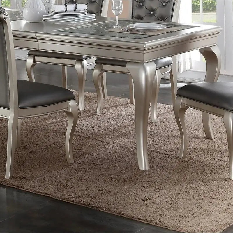 7pc Silver Hue Glass Dining Table Set with 6 Tufted Side Chairs