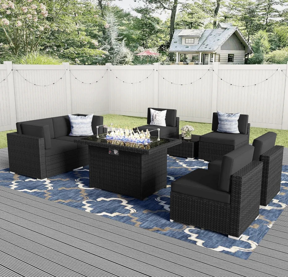 8 Pieces Patio Furniture Set With 44" Propane Fire Pit Table, Outdoor Sectional Wicker Conversation Sofa Sets with Coffee Table