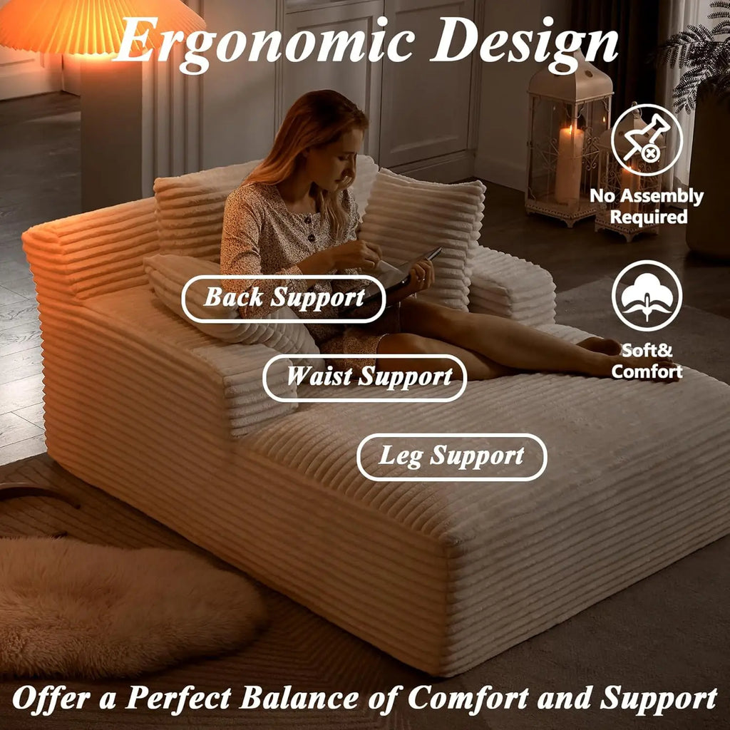 Oversized Chaise Lounge Chair with 3 Comfy Pillows for Living Room Bedroom, Wide Arms Corduroy Fabric High-Density
