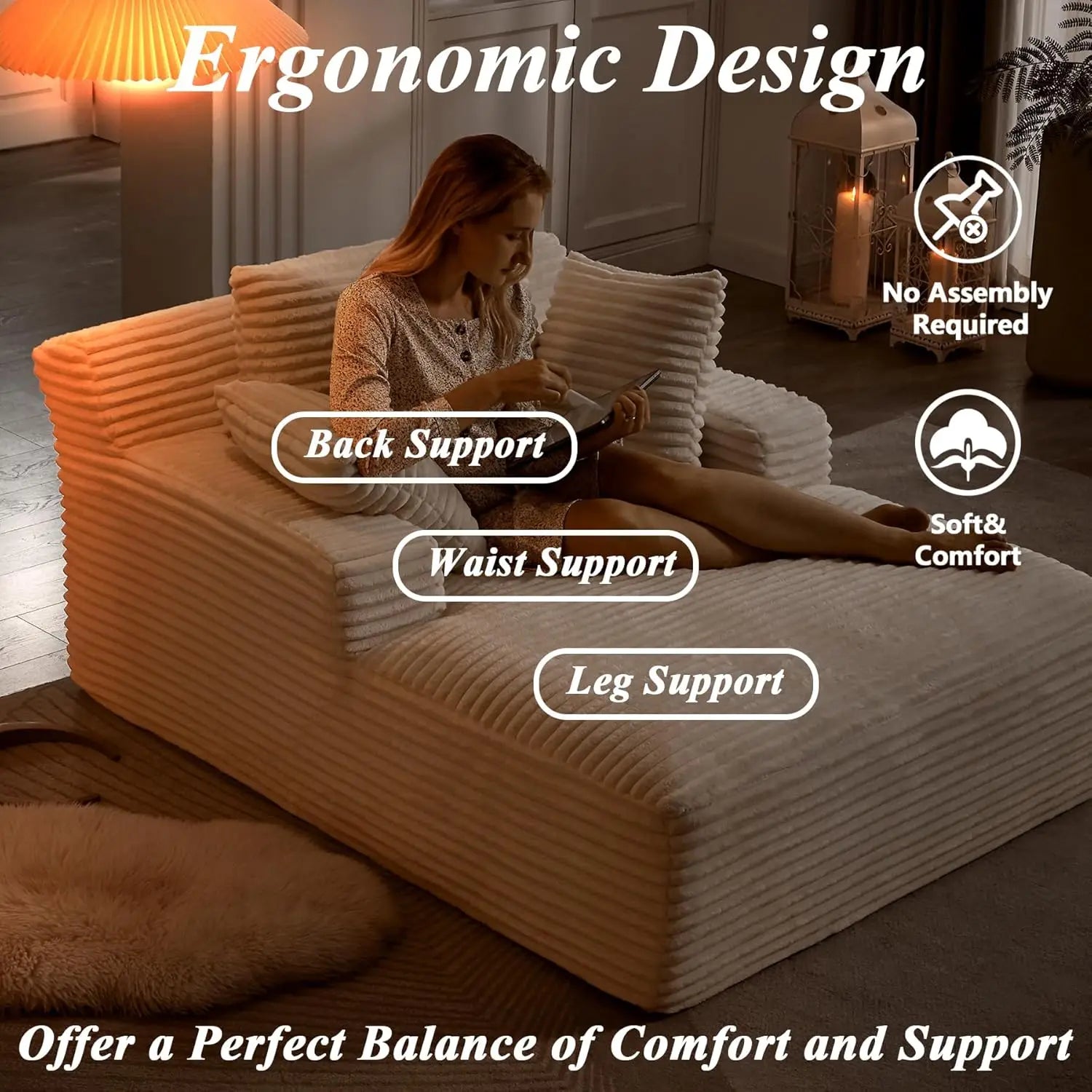 Oversized Chaise Lounge Chair with 3 Comfy Pillows for Living Room Bedroom, Wide Arms Corduroy Fabric High-Density