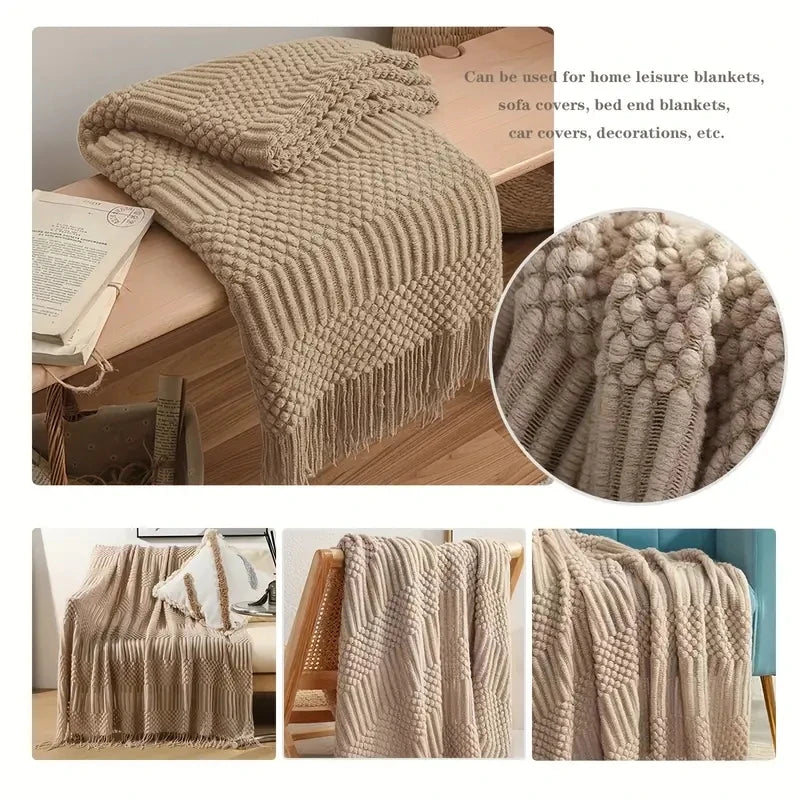 Knitted Thow With Tassels Chunky Vintage Luxury Farmhouse Throw