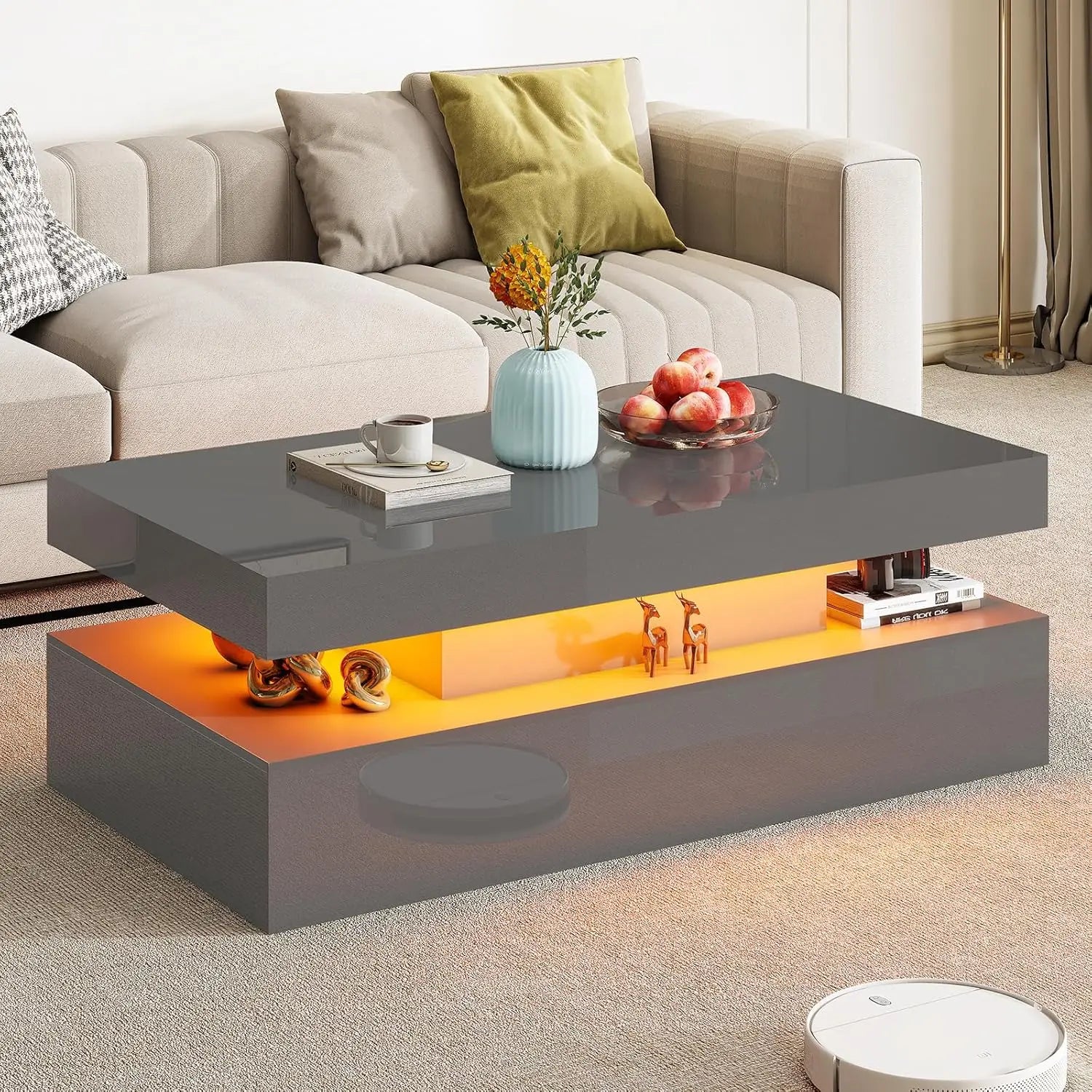 High Gloss LED Coffee Table, Modern 2-Tier Center Table with LED Lights,, 40in Simple, Customized