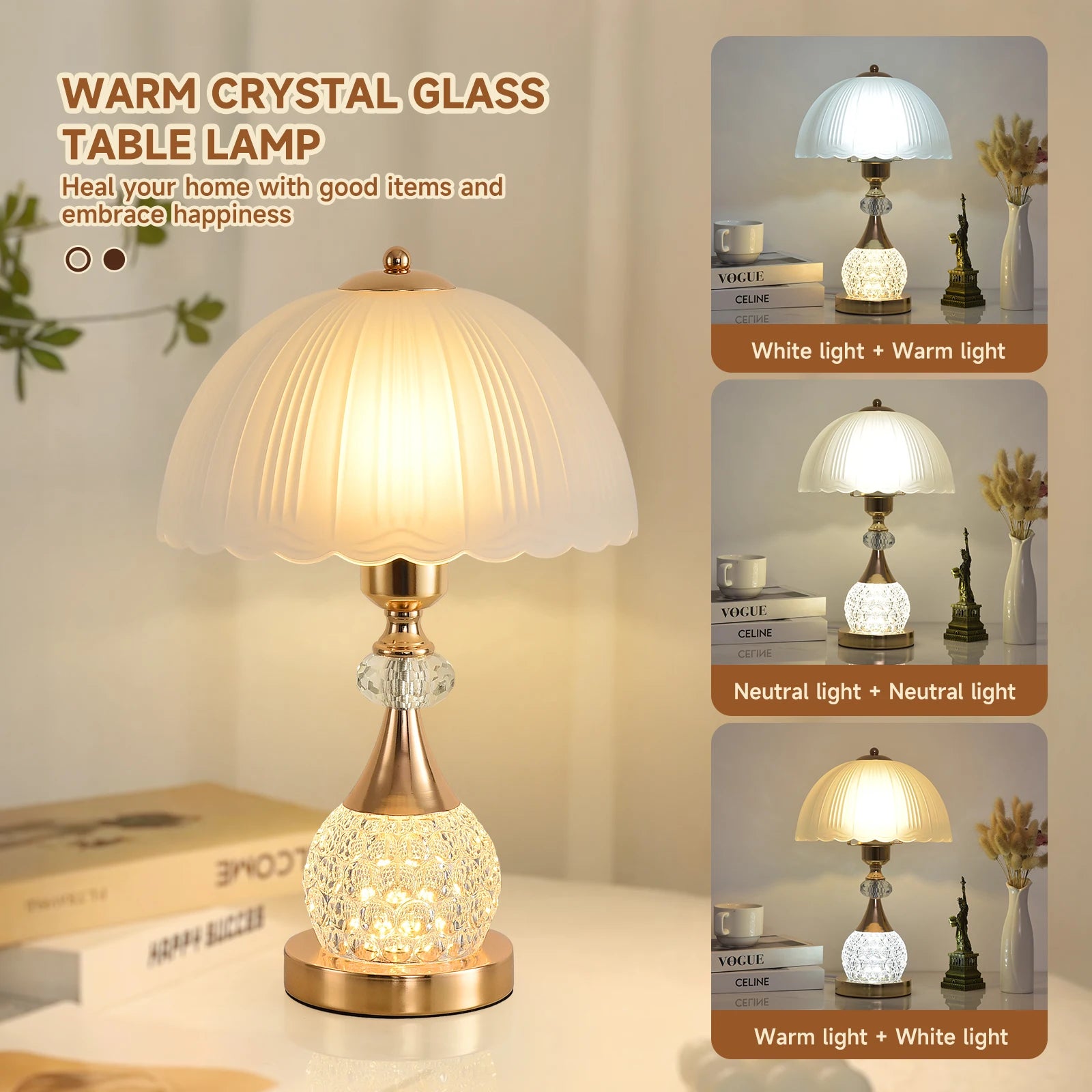 Bedside Table Lamp Petal Light Luxury Crystal Push Button Switch Control Dimming