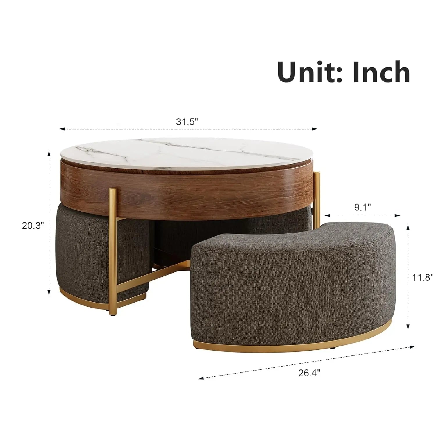 Coffee Table with 3 Stool, Lift-Top Round Coffee Table with Hidden Storage