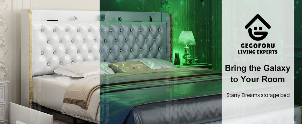 GEGOFORU LED Bed Frame with Galaxy Projector, Bluetooth Speaker, USB Ports, 4 Drawers, No Box Spring Needed, PU Black