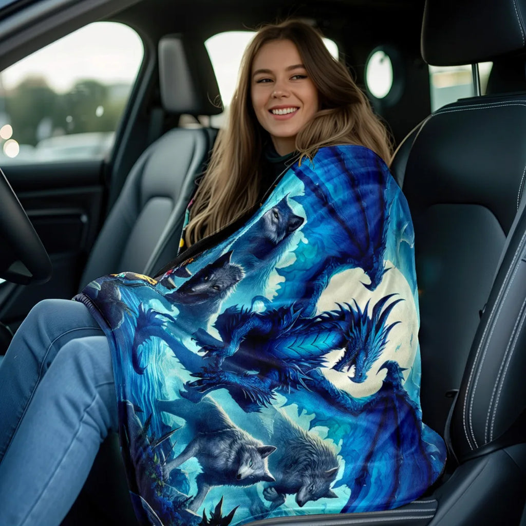 Dragon and Wolves Scene HD Printed Blanket, Soft and Warm Flannel Blanket for Travel, Camping, Sofa, Living Room, Couch, Chair,