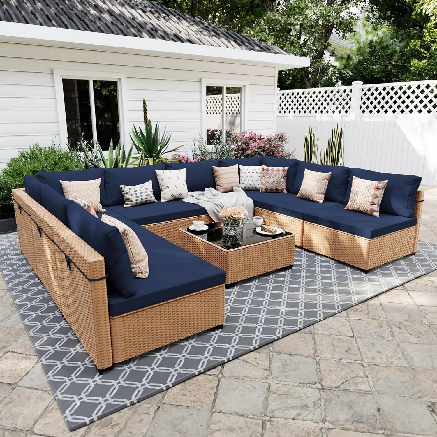 9 Pieces Patio Furniture Sets, Wicker Outdoor Sectional Sofa Couch with Coffee Table, Patio Conversation Set for, Customized