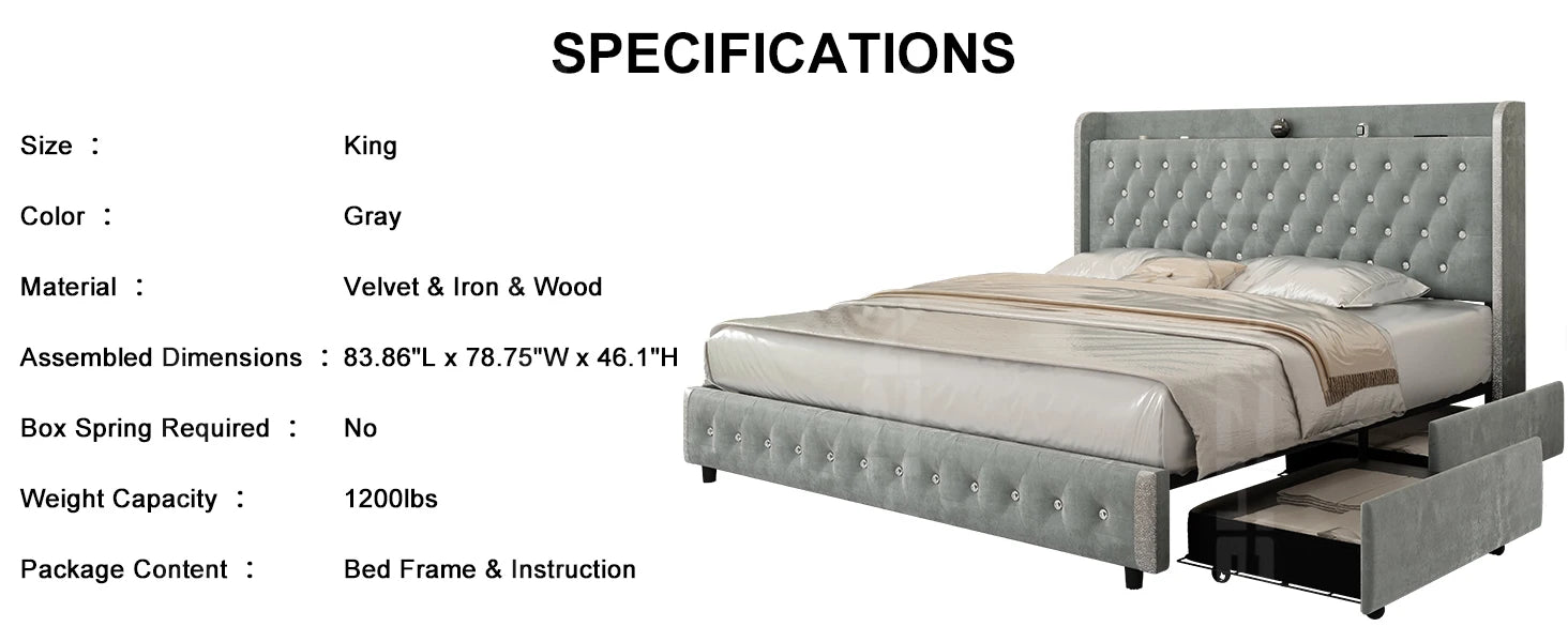 GEGOFORU LED Bed Frame with Galaxy Projector, Bluetooth Speaker, USB Ports, 4 Drawers, No Box Spring Needed, PU Black