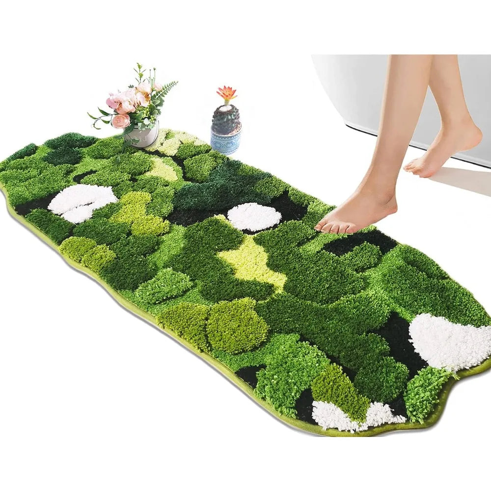 Cute Green Moss Bathroom Runner Rug  Boho Aesthetic Leaf Leaves  Non Slip Absorbent