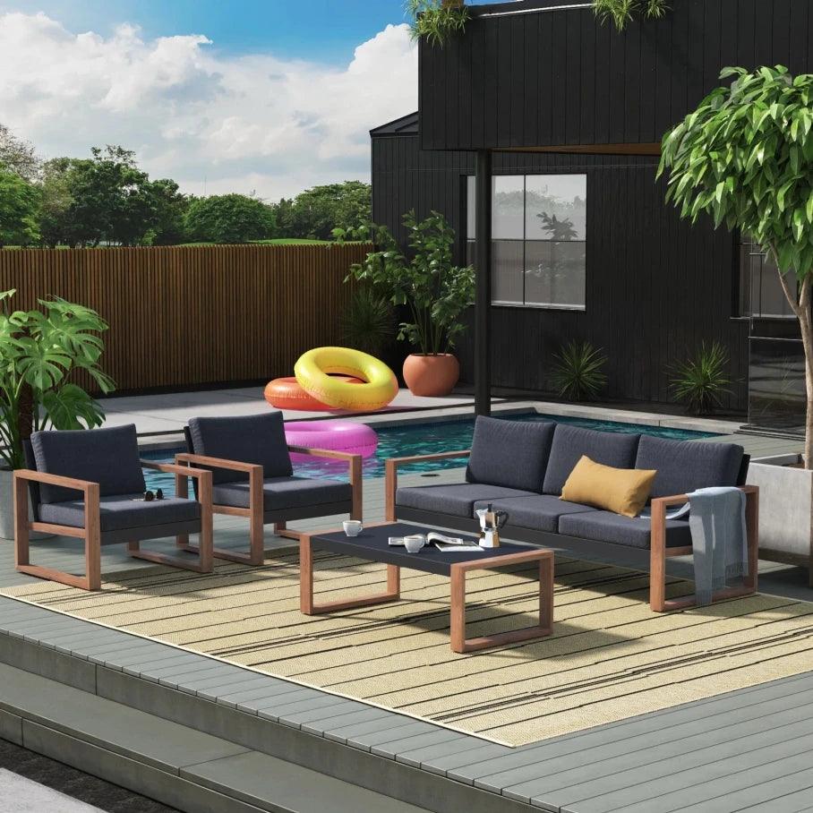 4-Piece Modern Furniture Sets, Faux Wood Grain Finish Frame Sofa