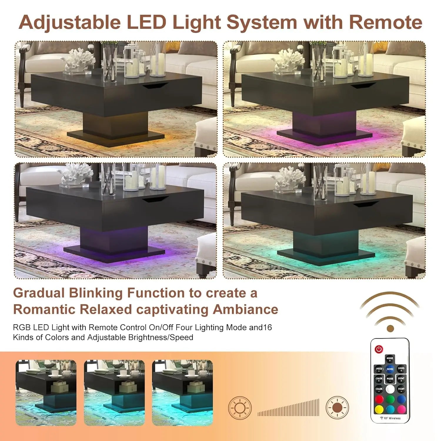 30.7" Lift Top Coffee Table with Storage, Square Black Led Coffee Table