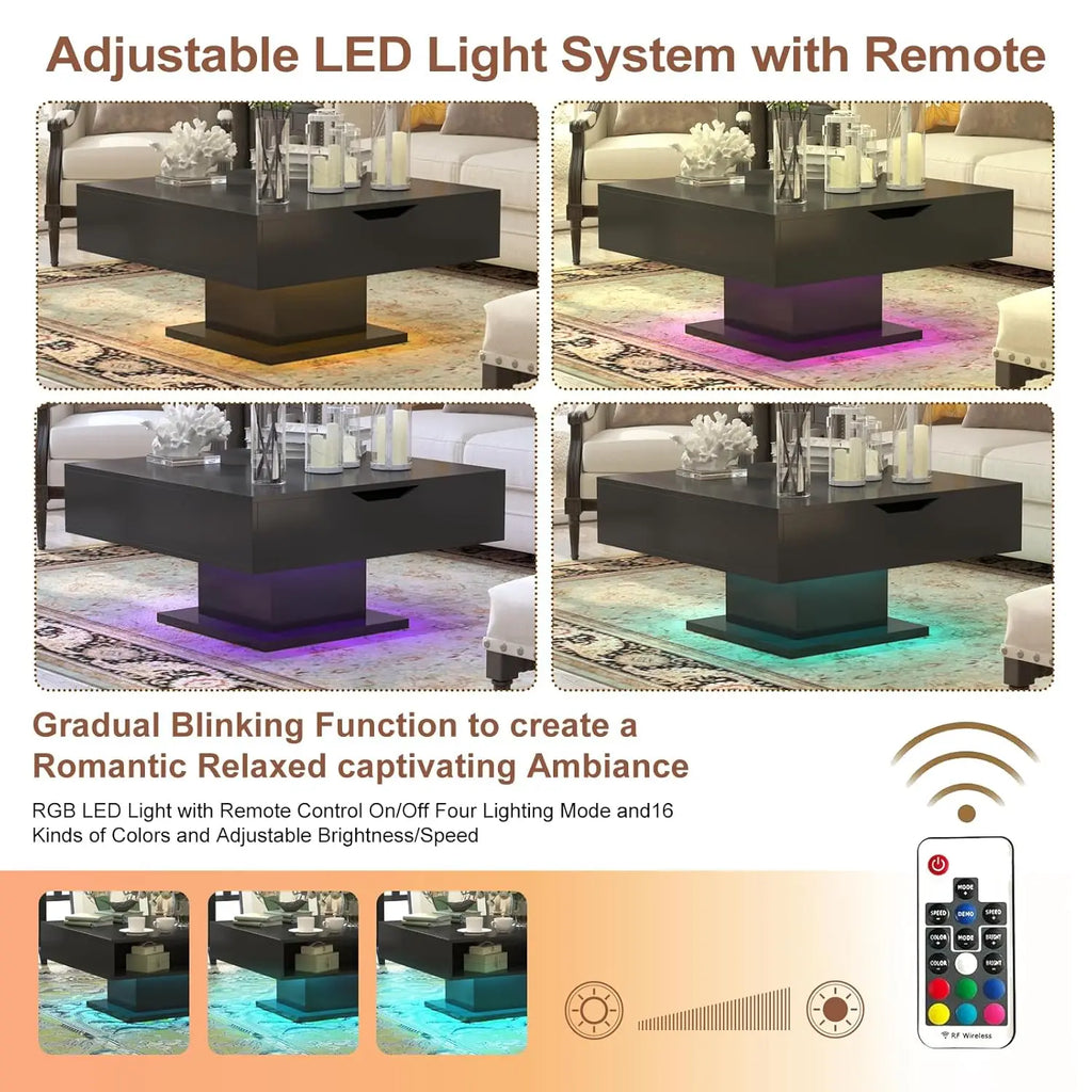 30.7" Lift Top Coffee Table with Storage, Square Black Led Coffee Table