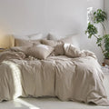 Striped Duvet Cover Set 100 Washed Cotton Linen Like Textured Breathable Durable Soft Comfy Tannish Linen Grey White Wide Stripe