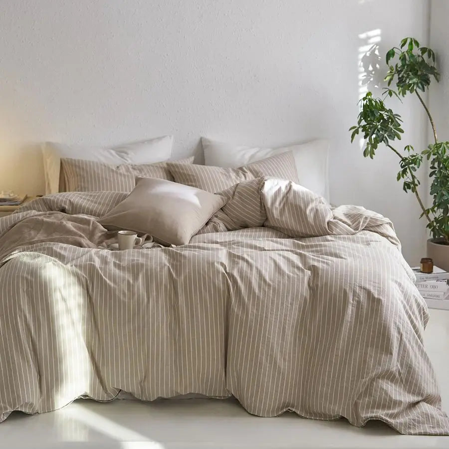 Striped Duvet Cover Set 100 Washed Cotton Linen Like Textured Breathable Durable Soft Comfy Tannish Linen Grey White Wide Stripe