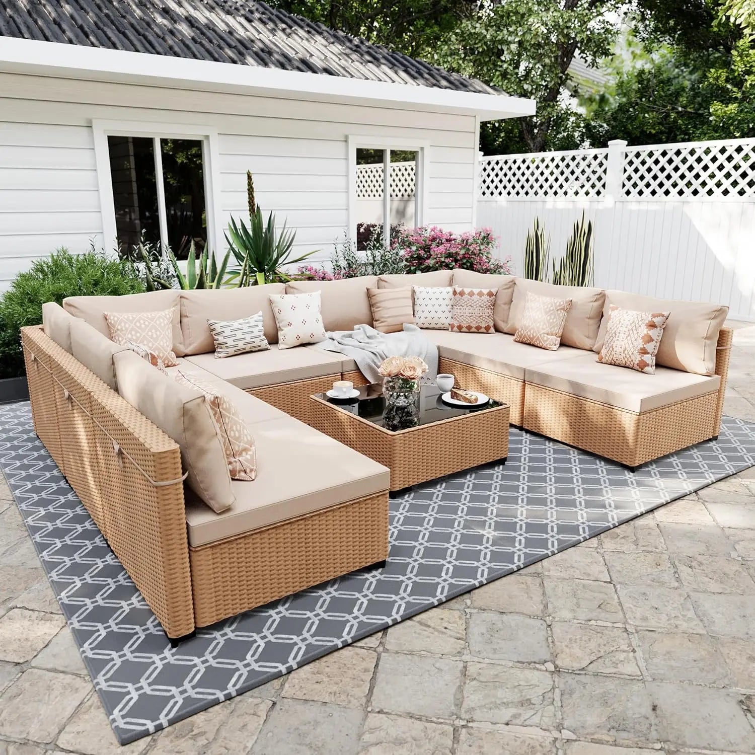 9 Pieces Patio Furniture Sets, Wicker Outdoor Sectional Sofa Couch with Coffee Table, Patio Conversation Set for, Customized