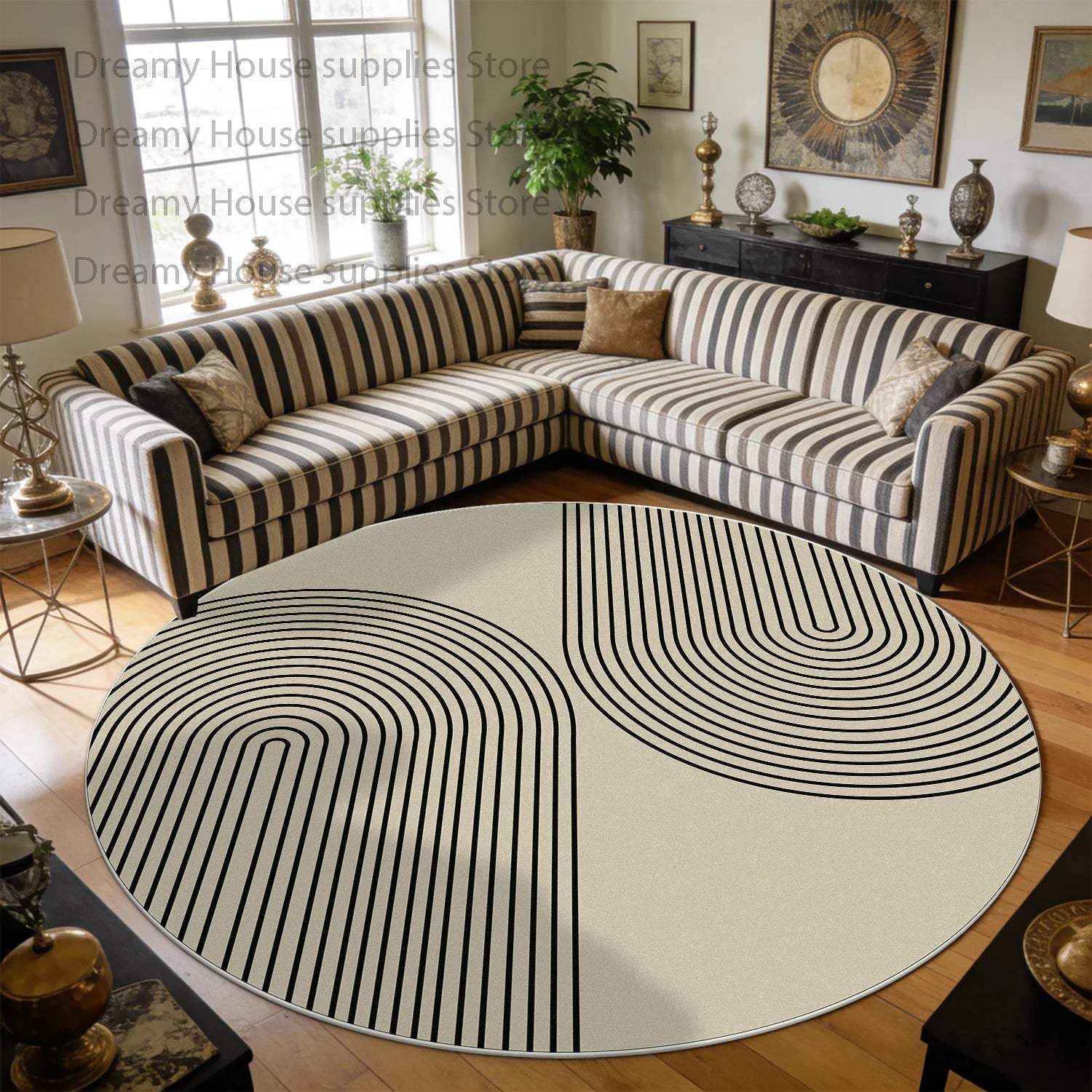 Simple Style Striped Cream Color Round Sofa Floor Mat Decoration Home Living Room Study Non-slip Carpet Bedroom Tables Chair Mat