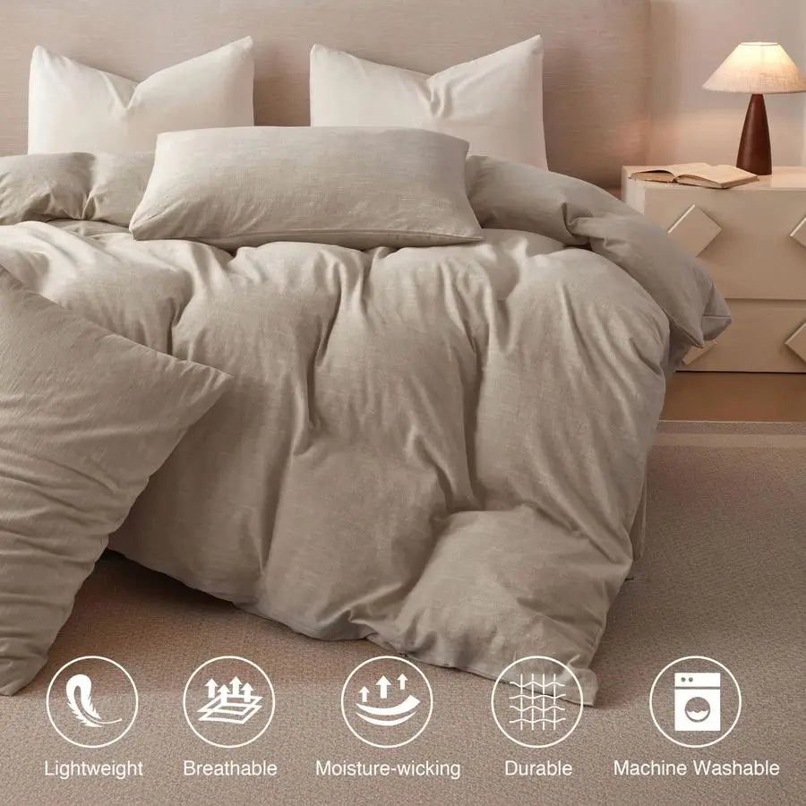 Linen Duvet Cover King Size Cotton Linen Blend, 3Pieces Bedding Set With 2 Pillowcases