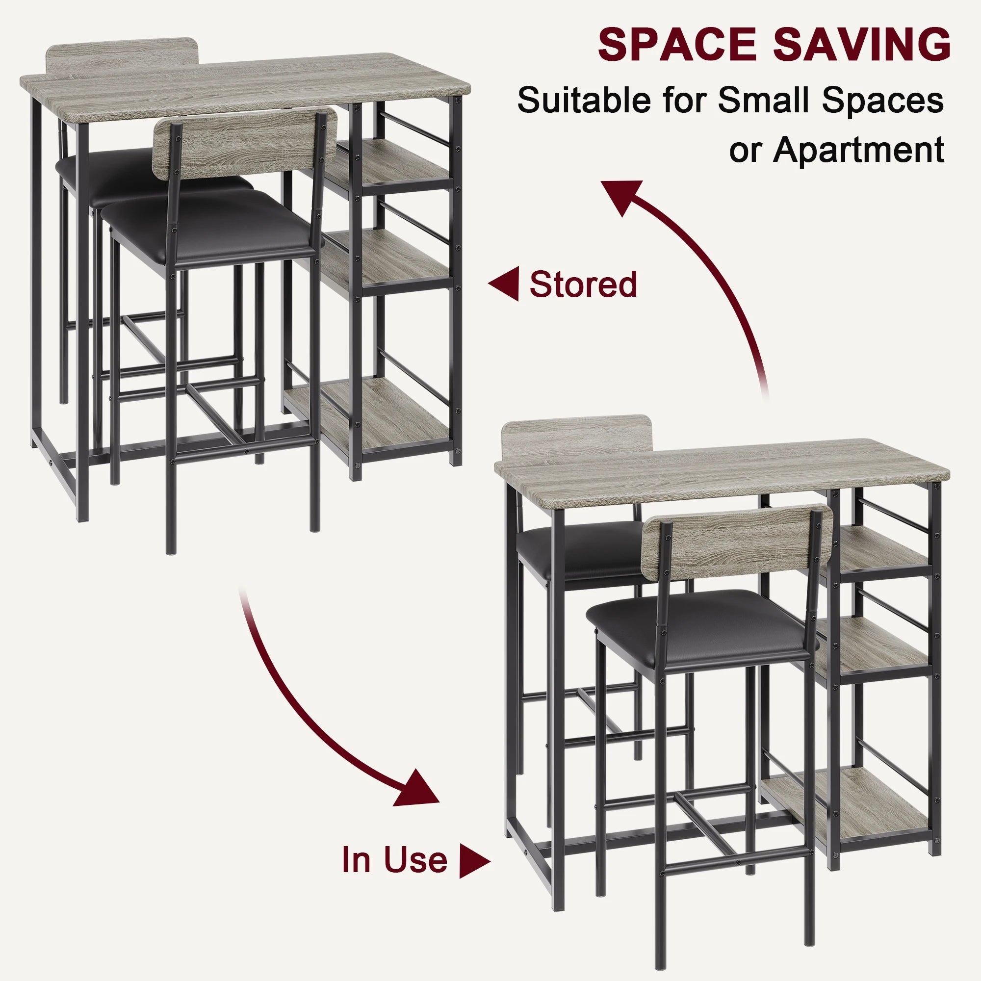 Dining Table Set with 3-Tier Shelves Bar Kitchen Table Set with 2 Padded Chairs