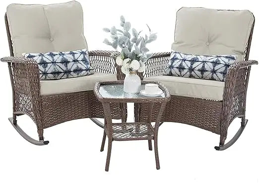 Patio Furniture Set 3 Pieces,  Wicker Outdoor Rocker Chairs and Coffee Table