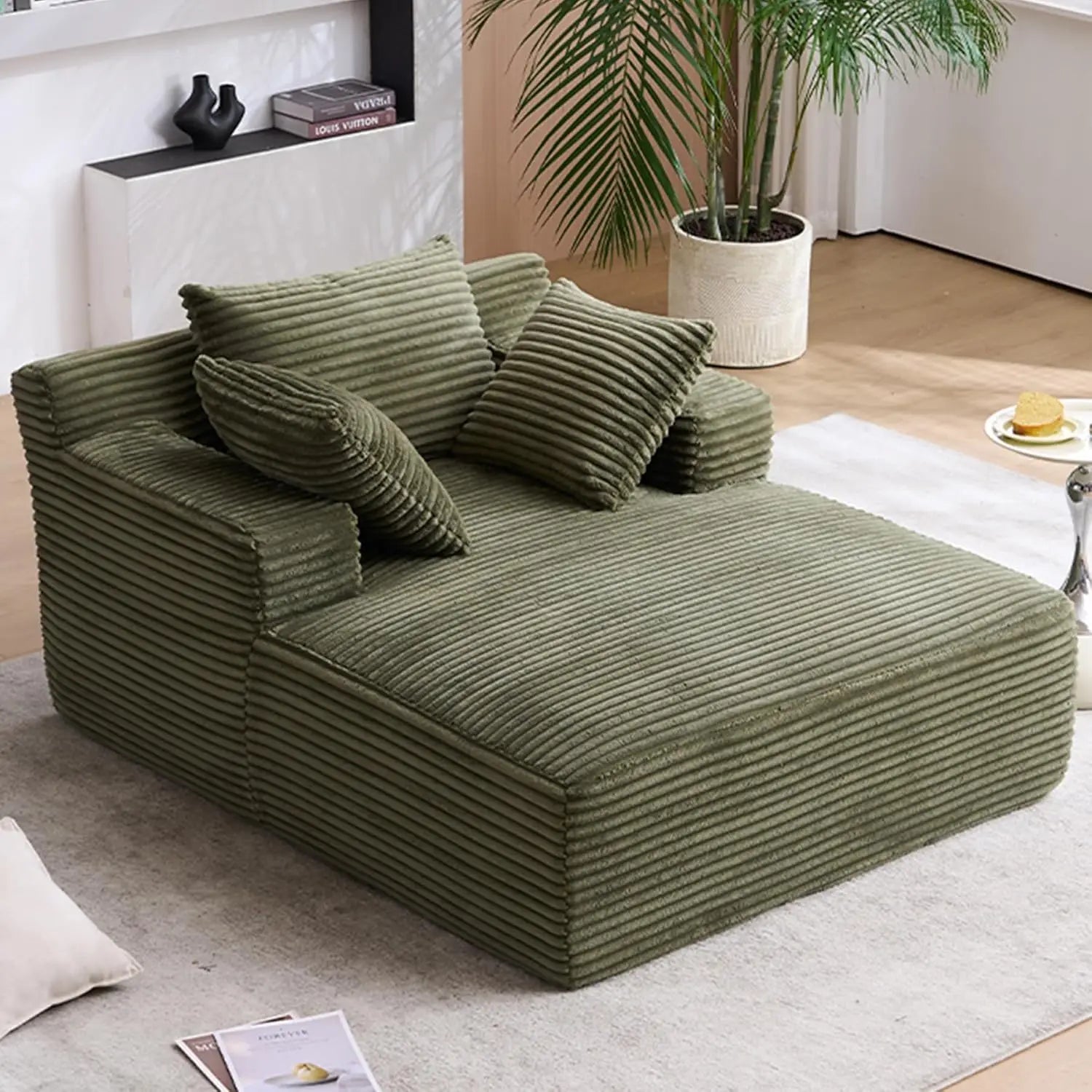 Oversized Chaise Lounge Chair with 3 Comfy Pillows for Living Room Bedroom, Wide Arms Corduroy Fabric High-Density