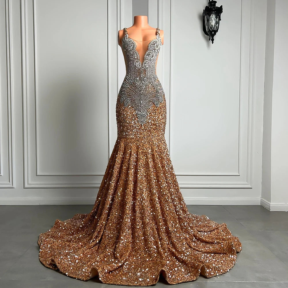 Gorgeous Long Prom Dresses 2026 Mermaid Style Luxury Sparkly Silver Crystals Red Sequin