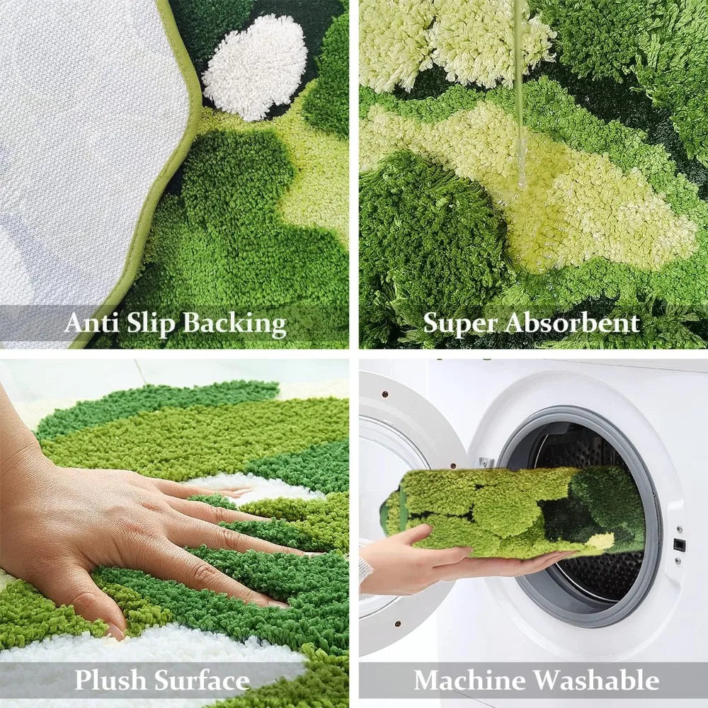 Cute Green Moss Bathroom Runner Rug  Boho Aesthetic Leaf Leaves  Non Slip Absorbent