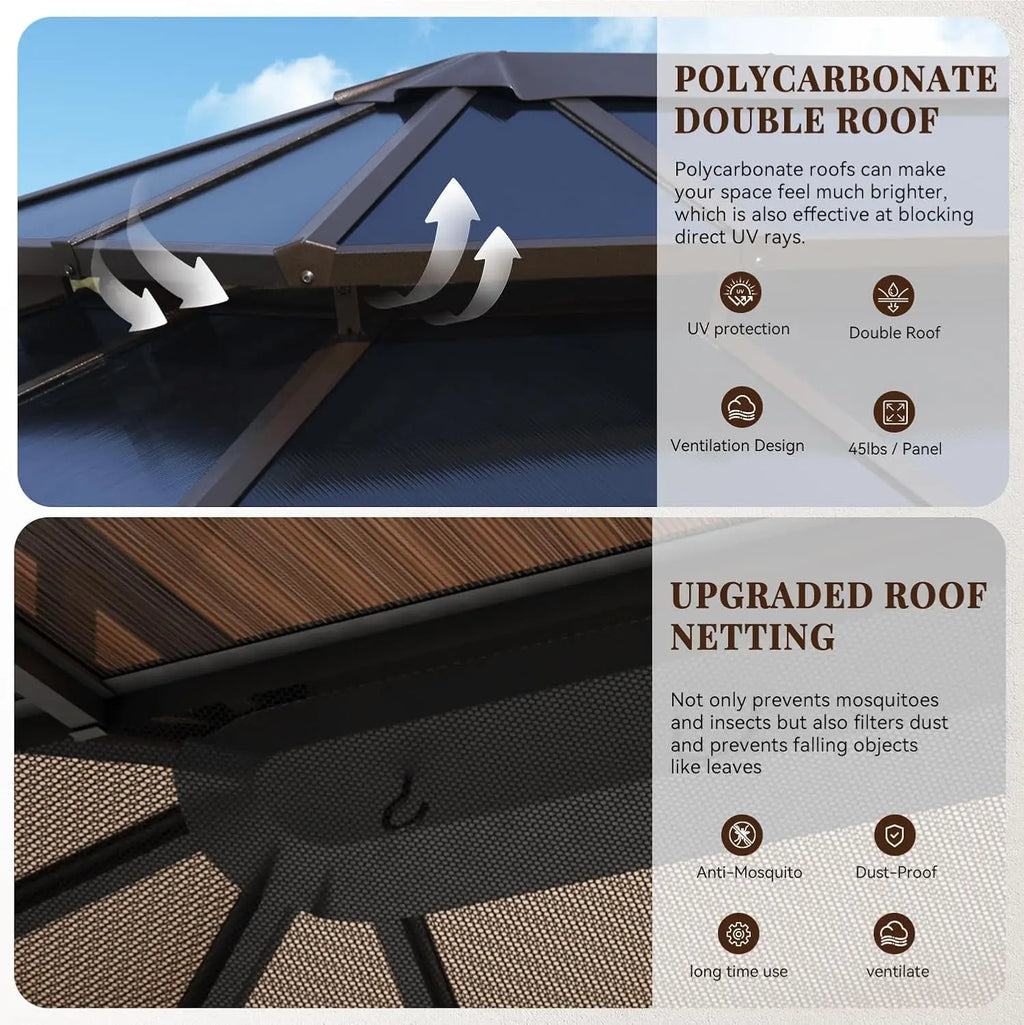 10x12ft Hardtop Gazebo, Double Roof Aluminum Pavilion with Netting Curtains for Outdoor Patio Garden