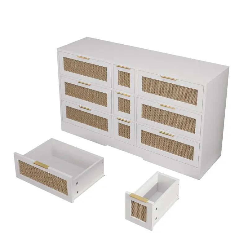 51.2” White Rattan Storage Locker with 9 Drawers and Metal Handles for Kitchen, Living Room, and Bedroom