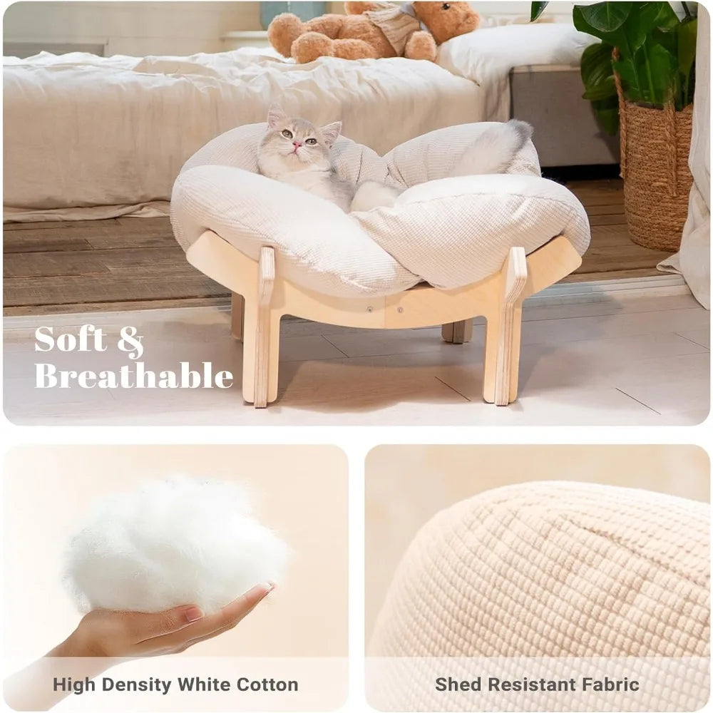 Elevated Cat Bed Wooden With Cushion Fluffy Pet Couch Sofa For Indoor Cats