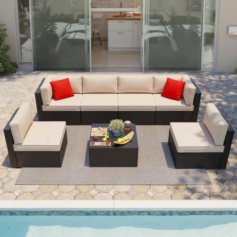 7 Pieces Patio Furniture Sets Outdoor AllWeather Sectional Patio Sofa Set PE Rattan Manual Weaving Wicker Patio Conversation Se