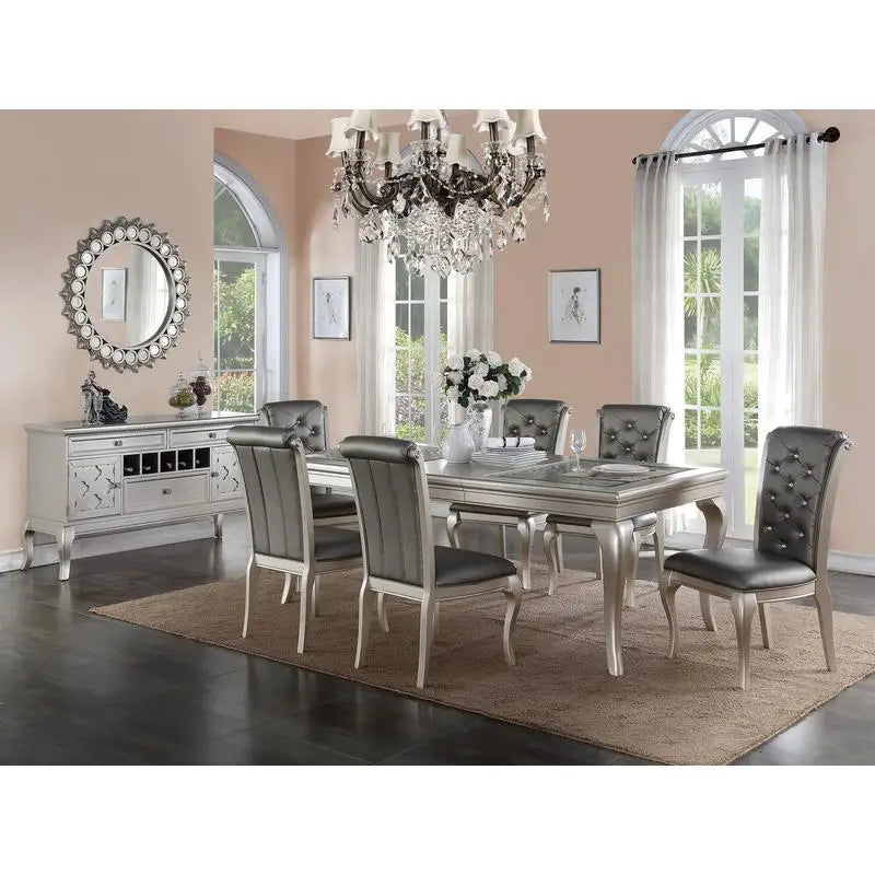 7pc Silver Hue Glass Dining Table Set with 6 Tufted Side Chairs